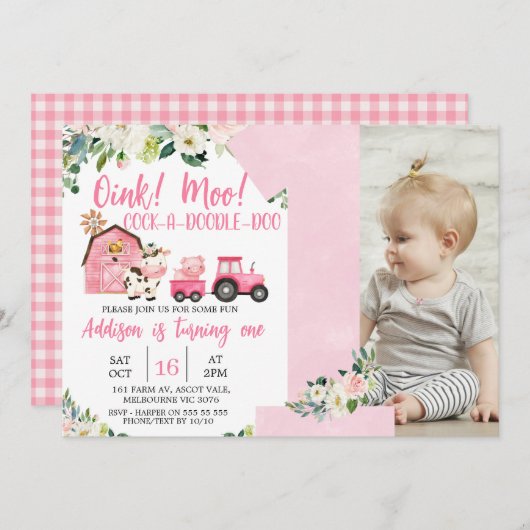 ピンクフローラバーントラクターファーム1st誕生日 招待状 (正面/裏面)