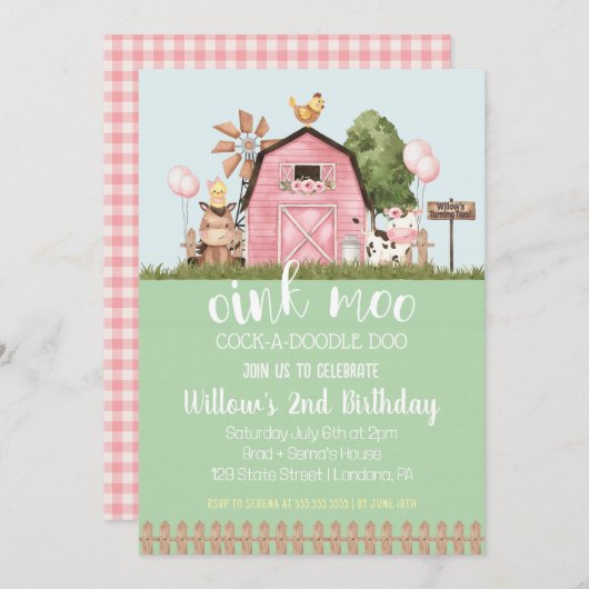 ピンクフローラバーンファームアニマルズ誕生日招待状 招待状 (正面/裏面)