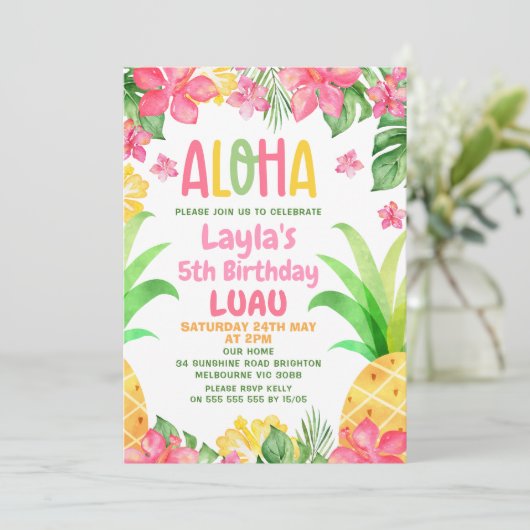 ピンクフローラパイナップルアロハルアウ（ハワイ式宴会）誕生日 招待状 (スタンド正面)