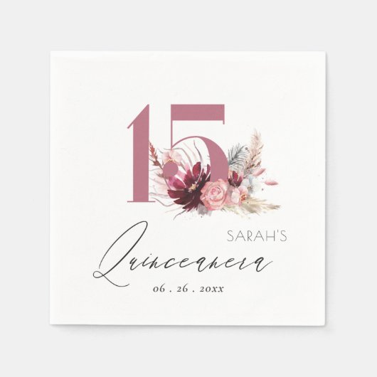 ピンクフローラパンパスグラスキンセアニェラ15誕生日 スタンダードカクテルナプキン (正面)