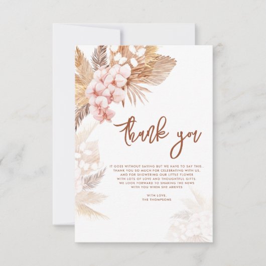 ピンクフローラパンパスグラススクリプトベビーシャワー サンキューカード (正面)
