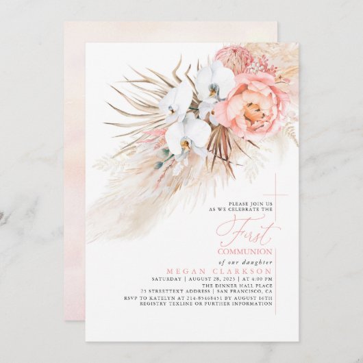 ピンクフローラパンパスグラスファースト聖餐式 招待状 (正面/裏面)