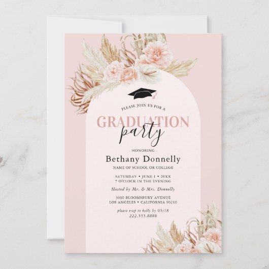 ピンクフローラパンパスグラスフォト卒業 招待状 (正面)