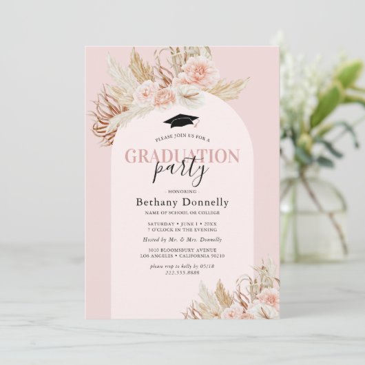 ピンクフローラパンパスグラスフォト卒業 招待状 (スタンド正面)