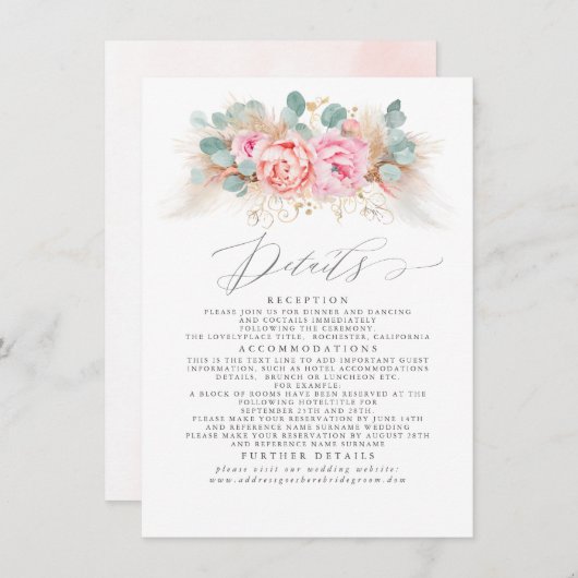 ピンクフローラパンパスグラス結婚ズ詳細 エンクロージャーカード (正面/裏面)