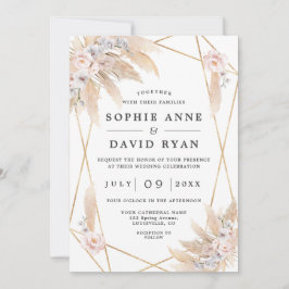 ピンクフローラパンパスグラス金ゴールドオールインワン結婚ズ 招待状