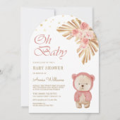 ピンクフローラパンパステディベアアーチベイビーシャワー 招待状 (正面)