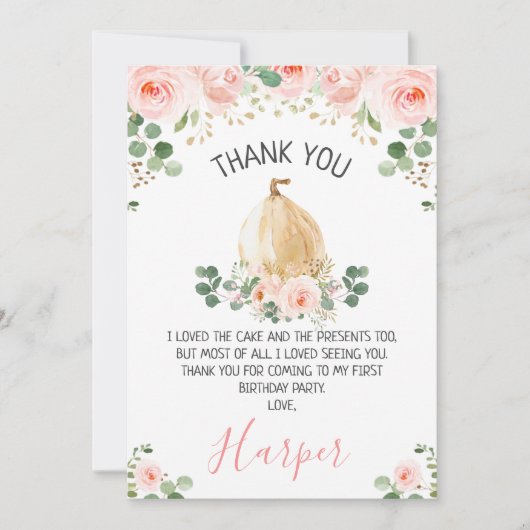 ピンクフローラパンプキン誕生日サンキューカード 招待状 (正面)