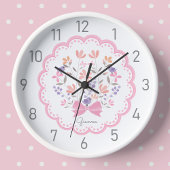 ピンクフローラパーソナライズされたガールズ子供部屋 壁時計