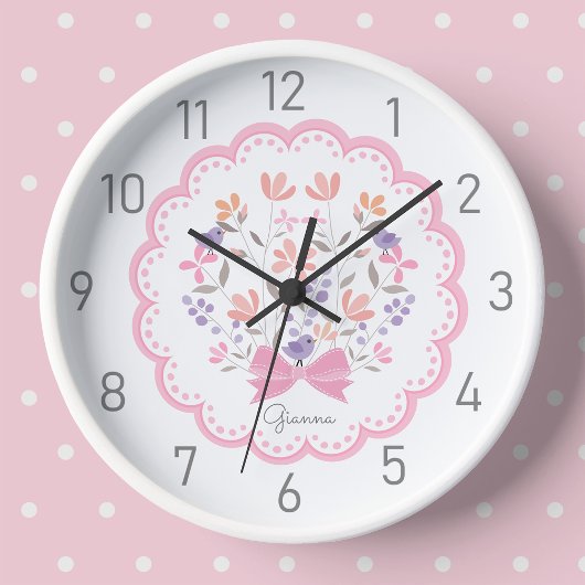 ピンクフローラパーソナライズされたガールズ子供部屋 壁時計