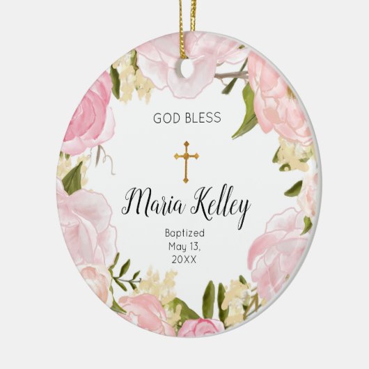 ピンクフローラパーソナライズされたガールバプテスマオーナメント セラミックオーナメント (左)