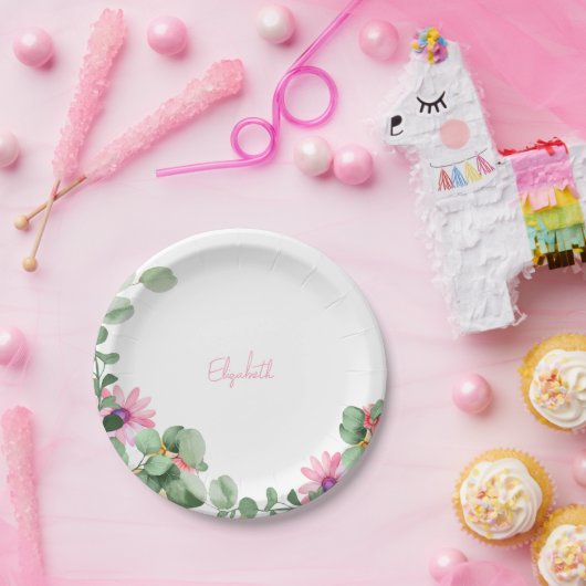 ピンクフローラパーソナライズされたシャワー紙プレート ペーパープレート (パーティー)