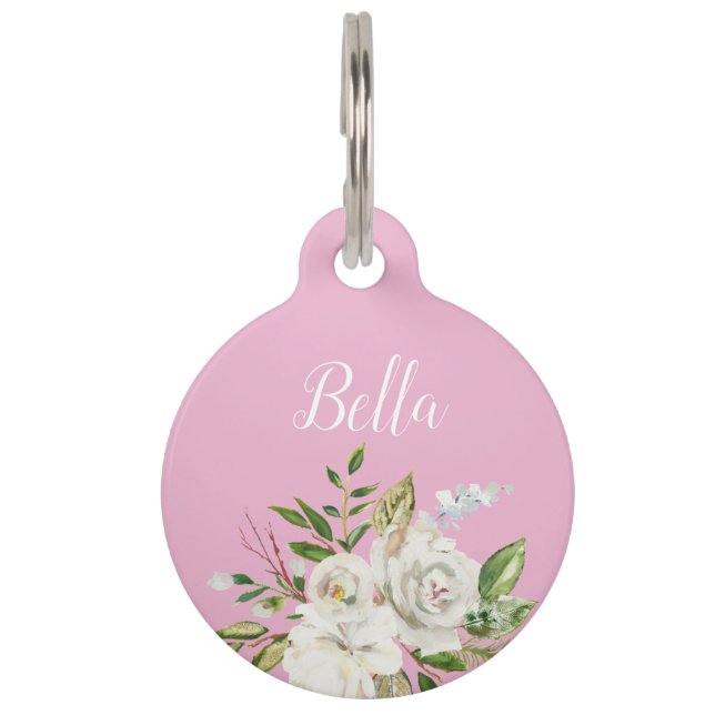 ピンクフローラパーソナライズされた書道ペット用名札 ペット　ネームタグ (正面)