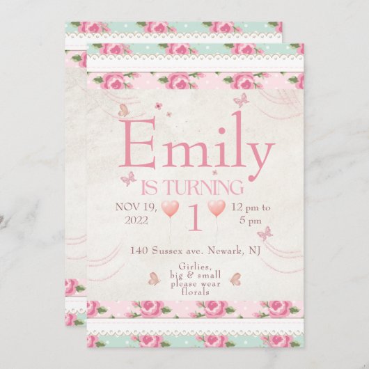 ピンクフローラパーティーラブシャックファンシー招待状 招待状 (正面/裏面)