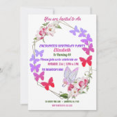 ピンクフローラパープル蝶キッズバースデーパーティー 招待状 (正面)