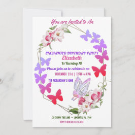 ピンクフローラパープル蝶キッズバースデーパーティー 招待状