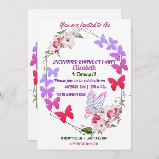 ピンクフローラパープル蝶キッズバースデーパーティー 招待状 (正面/裏面)