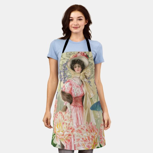 ピンクフローラビクトリアンウーマンリージェンシー エプロン (着用した状態)