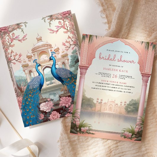 ピンクフローラピーコックインディアンパレスブライダルシャワー 招待状