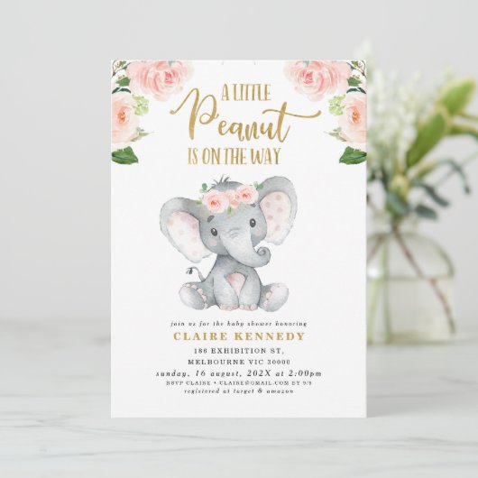 ピンクフローラピーナッツエレファントベビーシャワー招待状 招待状 (スタンド正面)