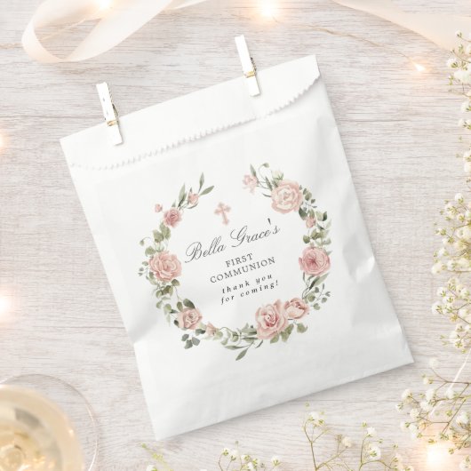 ピンクフローラファーストコミュニオンサンキューフェイスバッグ フェイバーバッグ (クリップ留めされた状態)