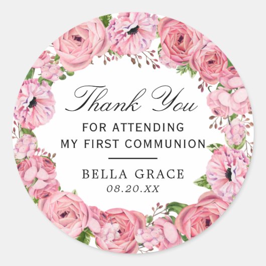 ピンクフローラファーストコミュニオンサンキュー ラウンドシール (正面)