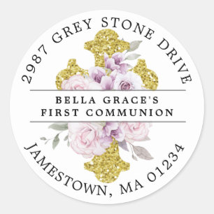 ピンクフローラファーストコミュニオン差出人住所ラベル ラウンドシール