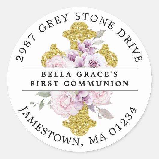 ピンクフローラファーストコミュニオン差出人住所ラベル ラウンドシール (正面)
