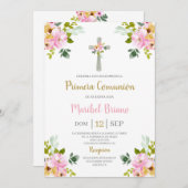 ピンクフローラファーストコミューンスペインの 招待状 (正面/裏面)