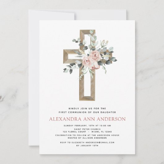 ピンクフローラファーストホーリーコミュニオンユークレイプトゥス 招待状 (正面)