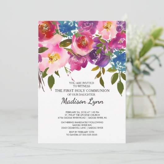 ピンクフローラファーストホーリーコミュニオン招待状 招待状 (スタンド正面)