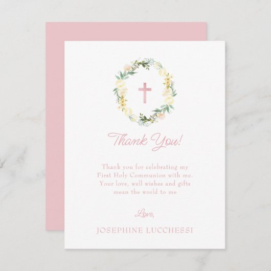 ピンクフローラファースト聖体拝領カスタム感謝 サンキューカード (正面/裏面)
