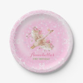ピンクフローラファースト誕生日おとぎ話スワン ペーパープレート (正面)