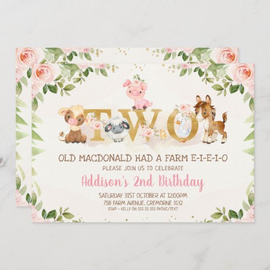ピンクフローラファームアニマルズセカンド誕生日 招待状 (正面/裏面)