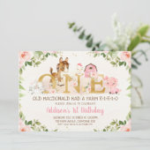 ピンクフローラファームアニマルズファースト誕生日招待状 招待状 (スタンド正面)