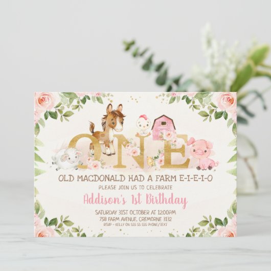 ピンクフローラファームアニマルズファースト誕生日招待状 招待状 (スタンド正面)