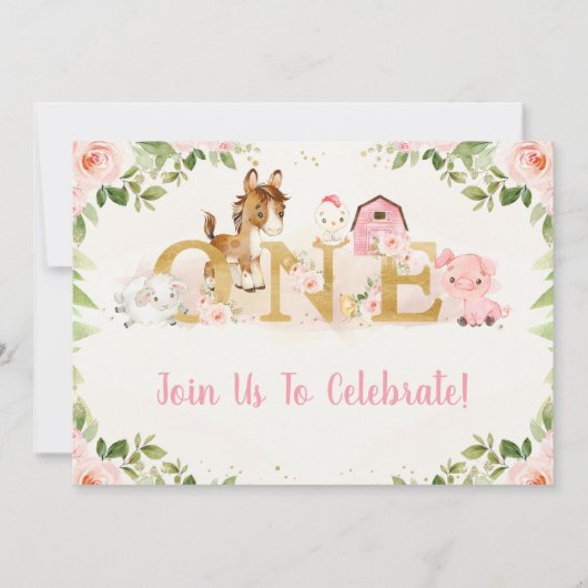 ピンクフローラファームアニマルズファースト誕生日招待状 招待状 (裏面)