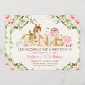 ピンクフローラファームアニマルズファースト誕生日招待状 招待状 (正面/裏面)