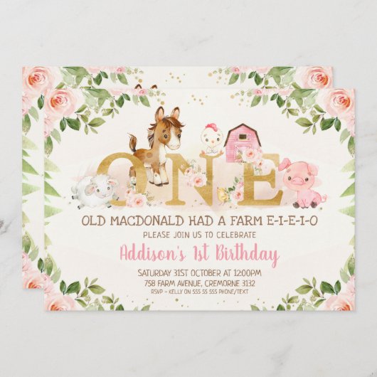 ピンクフローラファームアニマルズファースト誕生日招待状 招待状 (正面/裏面)