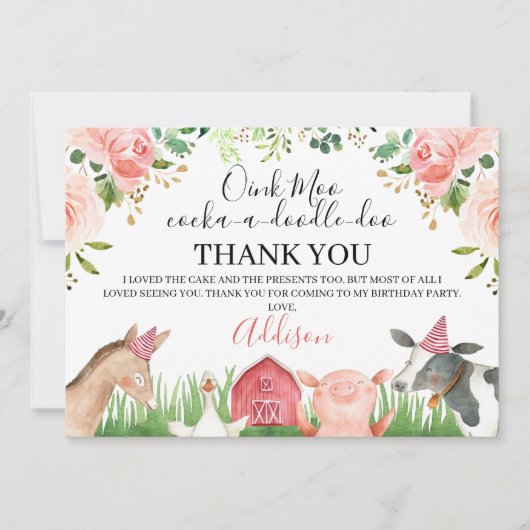 ピンクフローラファームアニマルズ誕生日サンキューカード 招待状 (正面)