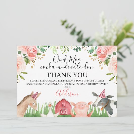 ピンクフローラファームアニマルズ誕生日サンキューカード 招待状 (スタンド正面)