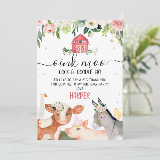 ピンクフローラファームアニマルズ誕生日サンキューカード 招待状 (スタンド正面)