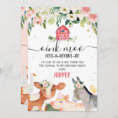 ピンクフローラファームアニマルズ誕生日サンキューカード 招待状 (正面/裏面)