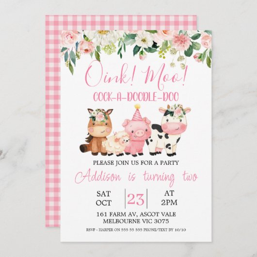 ピンクフローラファームアニマルズ誕生日招待状 招待状 (正面/裏面)