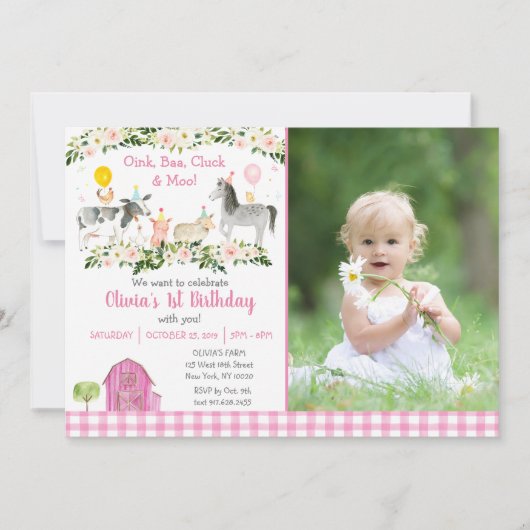 ピンクフローラファームアニマル1歳の誕生日 招待状 (正面)