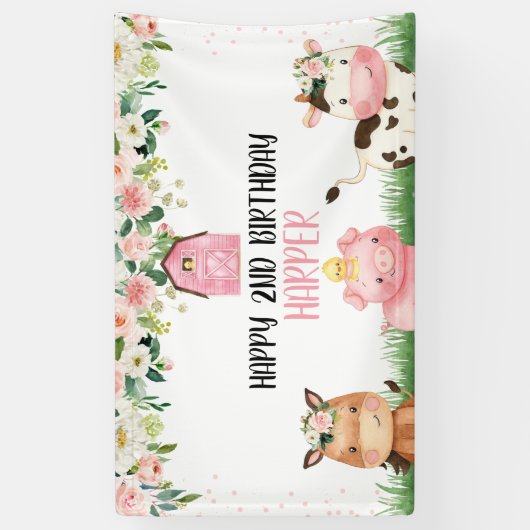 ピンクフローラファームバースデーパーティーバナー 横断幕 (縦)