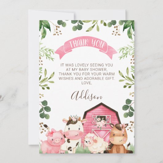 ピンクフローラファームバーンベビーシャワーサンキューカード 招待状 (正面)