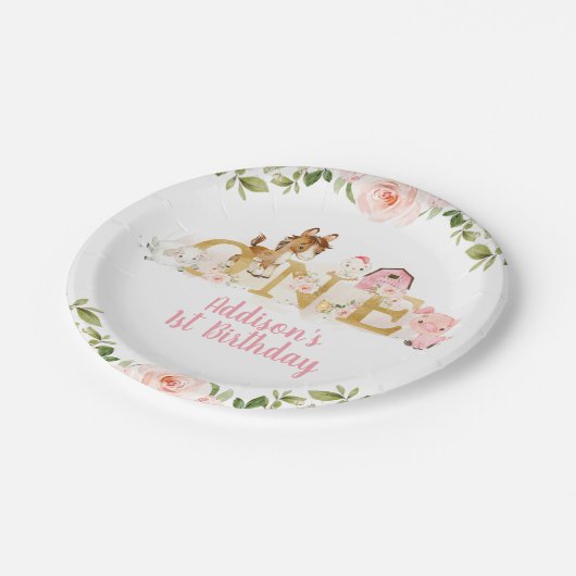 ピンクフローラファームファースト誕生日紙プレート ペーパープレート (アングル)