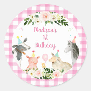 ピンクフローラファーム動物誕生日 ラウンドシール