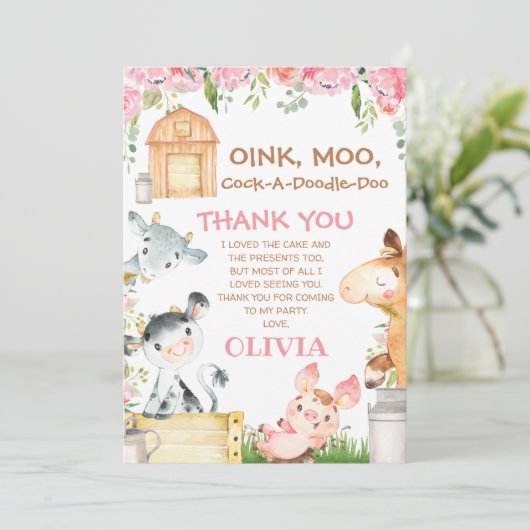ピンクフローラファーム納屋周囲の庭誕生日サンキューカード 招待状 (スタンド正面)